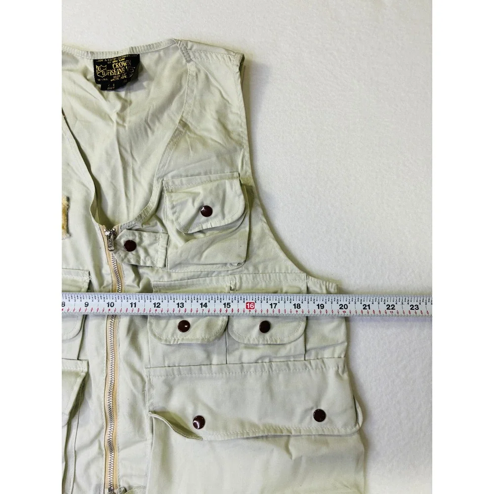 Vintage Crown Fishing Vest Tan Cotton Multi Pocket Fly Patch Mens Small RN 13171
